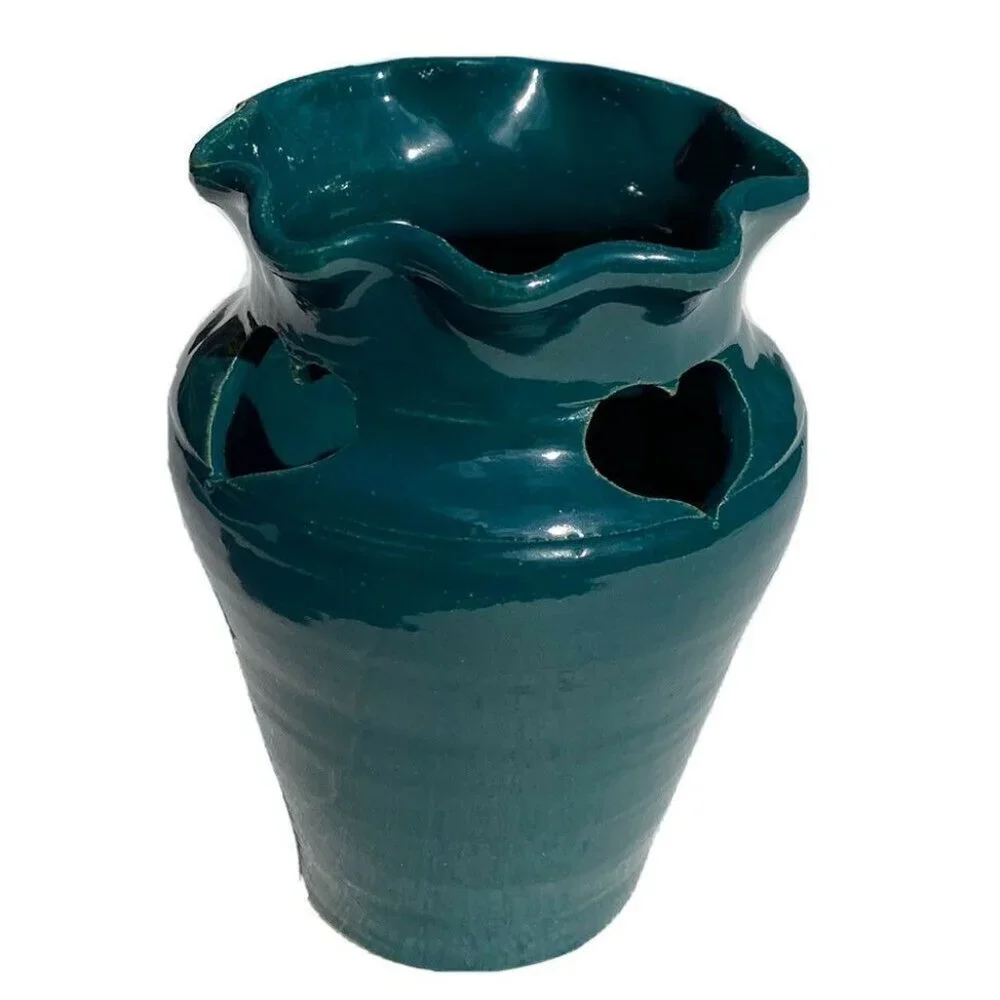 Vintage 90s R&L Studio Pottery Vase Seagrove NC Green Hearts Signed S Richardson